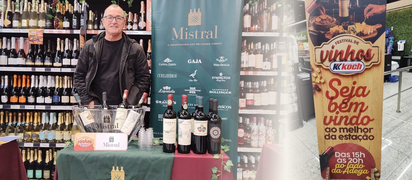 Estação de degustação de vinhos Mistral durante ação na rede Koch, em Santa Catarina